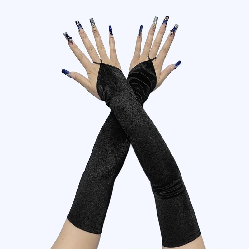 48cm Women Satin Hook Finger Long Fingerless Gloves Solid Retro Style Opera Evening Proms Dress Etiquette Cosplay Accessories