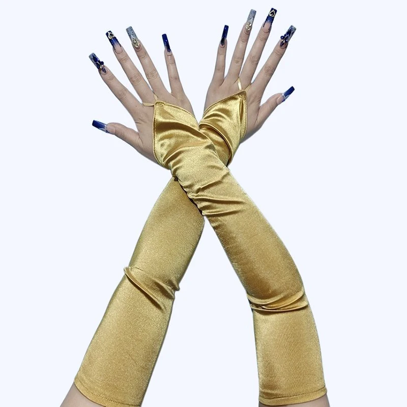 48cm Women Satin Hook Finger Long Fingerless Gloves Solid Retro Style Opera Evening Proms Dress Etiquette Cosplay Accessories