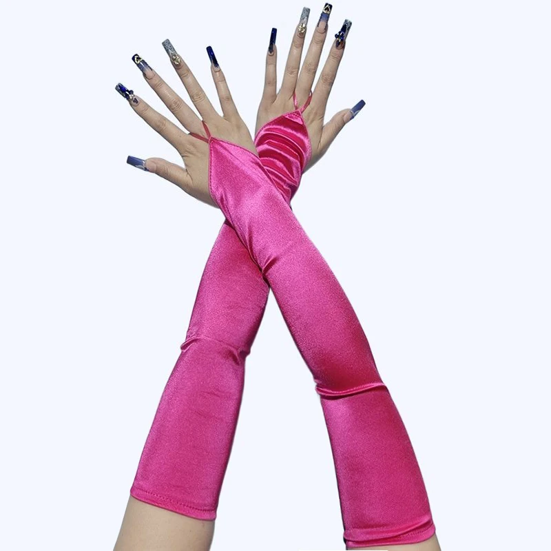 48cm Women Satin Hook Finger Long Fingerless Gloves Solid Retro Style Opera Evening Proms Dress Etiquette Cosplay Accessories