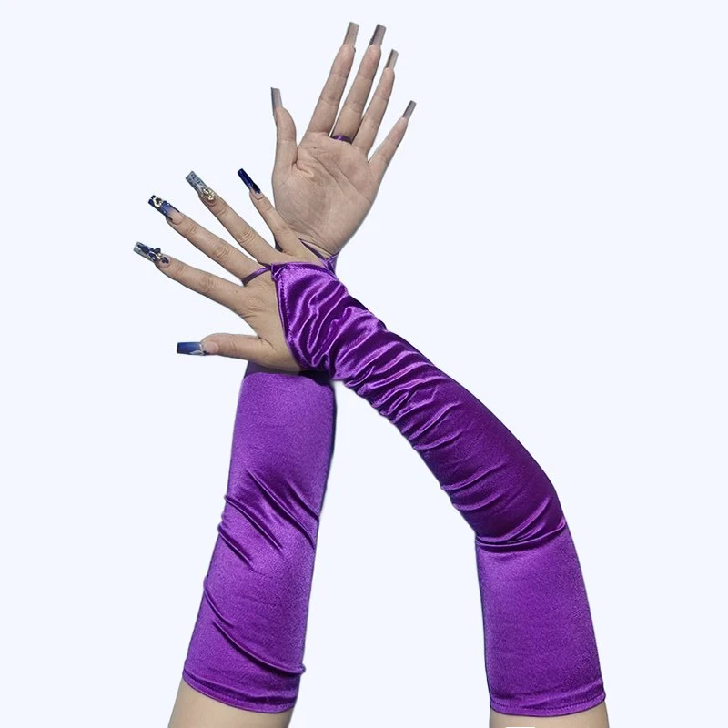 48cm Women Satin Hook Finger Long Fingerless Gloves Solid Retro Style Opera Evening Proms Dress Etiquette Cosplay Accessories