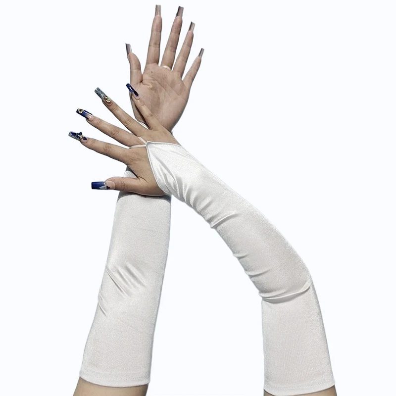 48cm Women Satin Hook Finger Long Fingerless Gloves Solid Retro Style Opera Evening Proms Dress Etiquette Cosplay Accessories