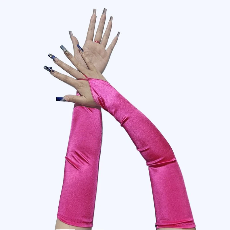 48cm Women Satin Hook Finger Long Fingerless Gloves Solid Retro Style Opera Evening Proms Dress Etiquette Cosplay Accessories