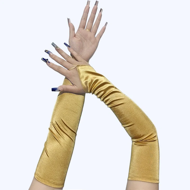 48cm Women Satin Hook Finger Long Fingerless Gloves Solid Retro Style Opera Evening Proms Dress Etiquette Cosplay Accessories
