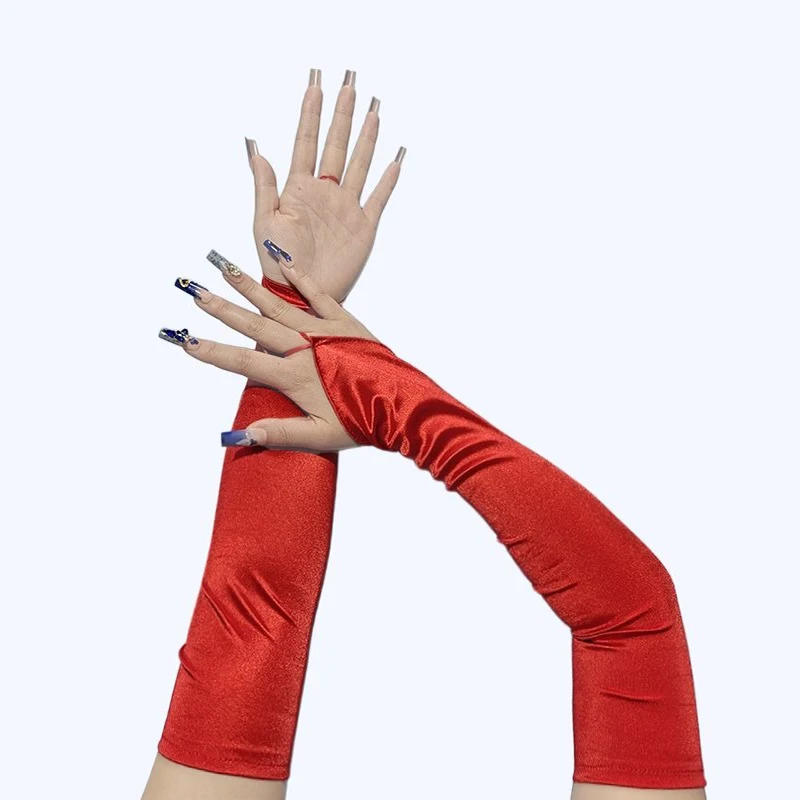 48cm Women Satin Hook Finger Long Fingerless Gloves Solid Retro Style Opera Evening Proms Dress Etiquette Cosplay Accessories