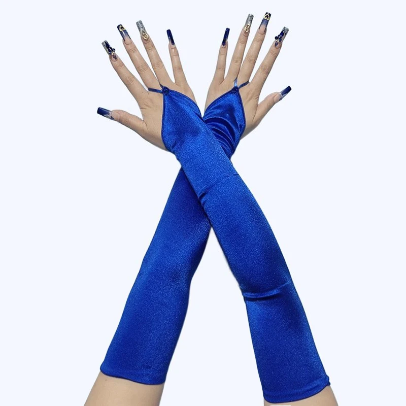 48cm Women Satin Hook Finger Long Fingerless Gloves Solid Retro Style Opera Evening Proms Dress Etiquette Cosplay Accessories