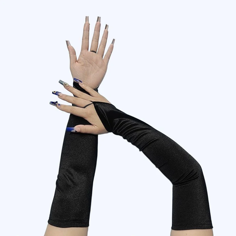 48cm Women Satin Hook Finger Long Fingerless Gloves Solid Retro Style Opera Evening Proms Dress Etiquette Cosplay Accessories