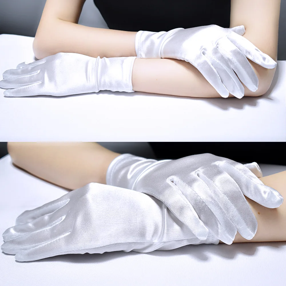 New Women Dance Performance Prom Ball Gloves Stretchy Satin Evening Dress Etiquette Short Gloves 1Pair White Ladies Mittens