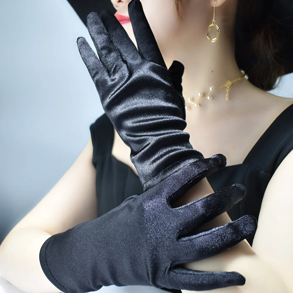New Women Dance Performance Prom Ball Gloves Stretchy Satin Evening Dress Etiquette Short Gloves 1Pair White Ladies Mittens