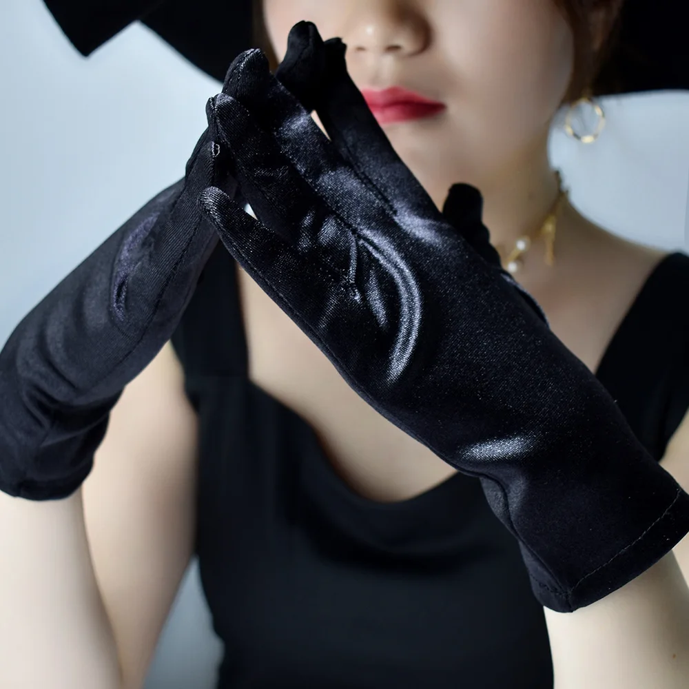 New Women Dance Performance Prom Ball Gloves Stretchy Satin Evening Dress Etiquette Short Gloves 1Pair White Ladies Mittens