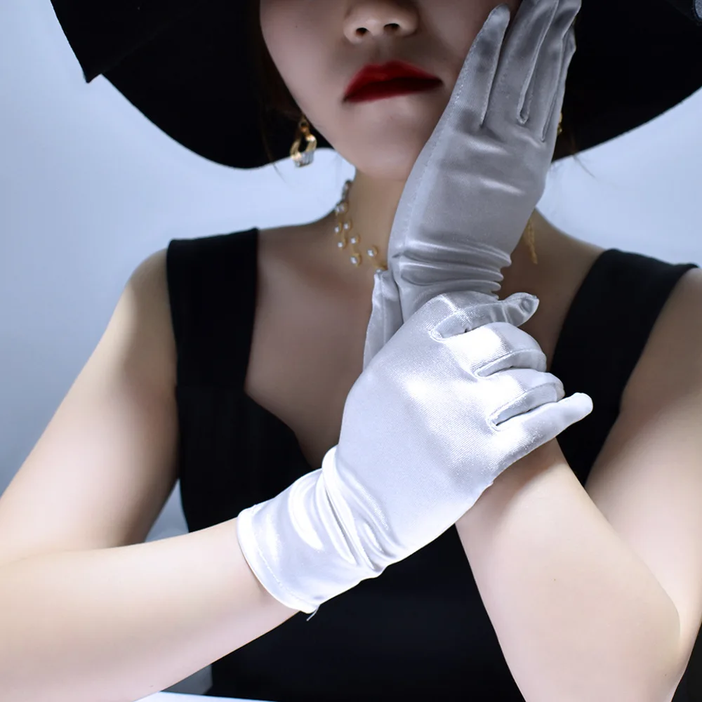 New Women Dance Performance Prom Ball Gloves Stretchy Satin Evening Dress Etiquette Short Gloves 1Pair White Ladies Mittens