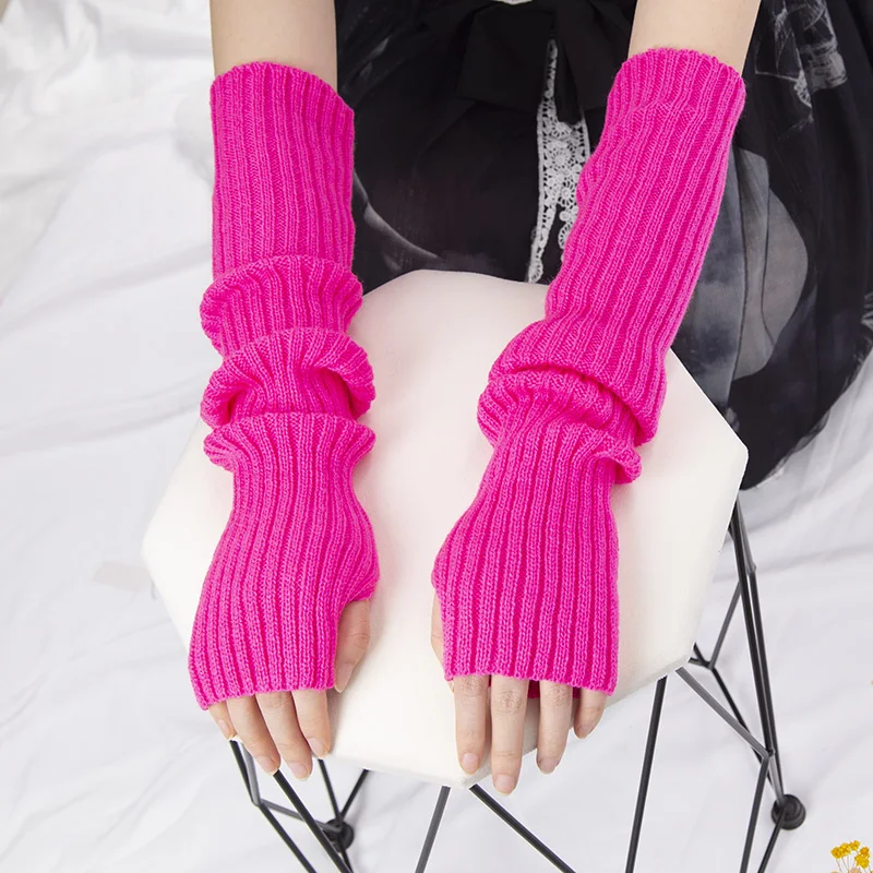 Y2K Women Long Fingerless Gloves Winter Warm Arm Sleeve Knitted Arm Warmer Mitten Casual Over Elbow Punk Gothic Gloves