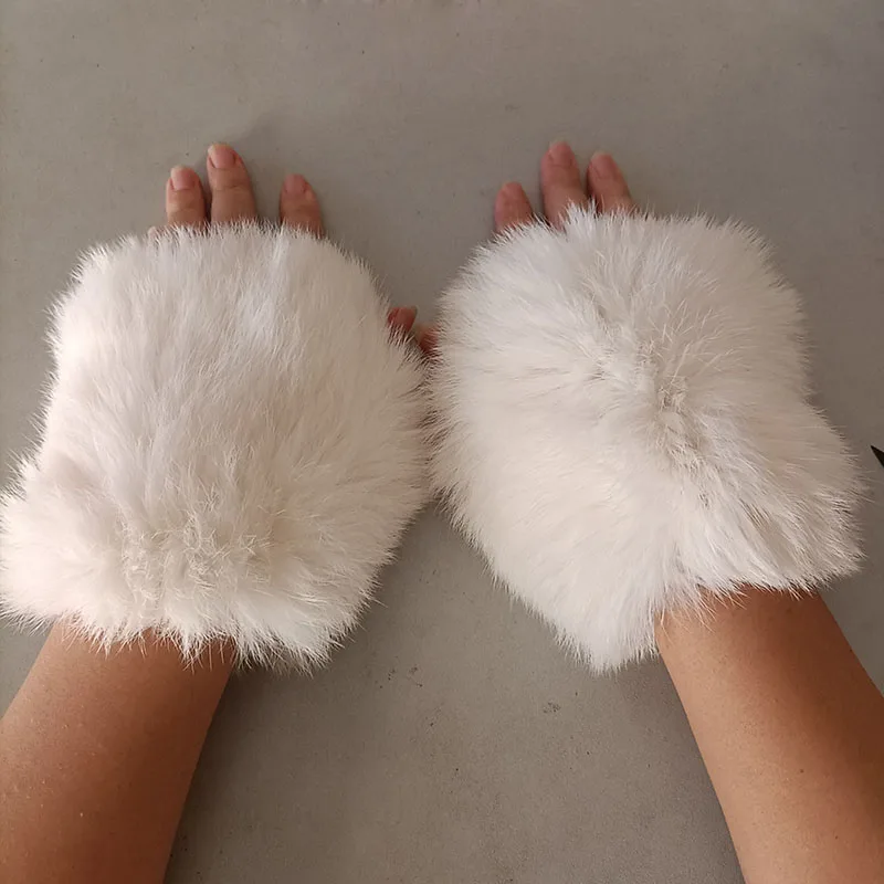 Women Genuine Knitted Rabbit Fur Glove Short Warm Winter Female Real Fur Gloves Fashion Hand Warmer