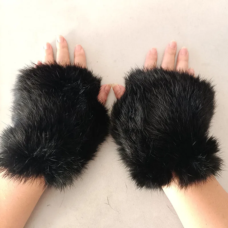 Women Genuine Knitted Rabbit Fur Glove Short Warm Winter Female Real Fur Gloves Fashion Hand Warmer