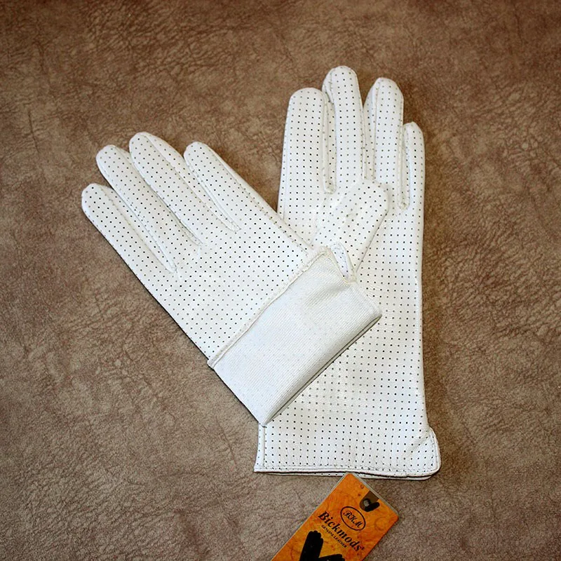 Summer Driving Thin Leather Sheepskin Gloves Women's Fashionable Silk Lining Perforated Motorcycle Riding Finger Gloves