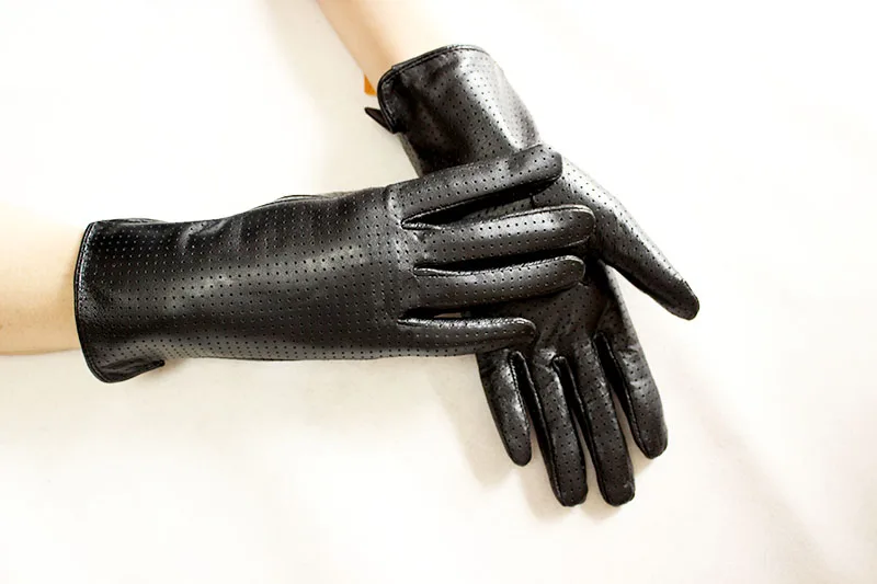 Summer Driving Thin Leather Sheepskin Gloves Women's Fashionable Silk Lining Perforated Motorcycle Riding Finger Gloves