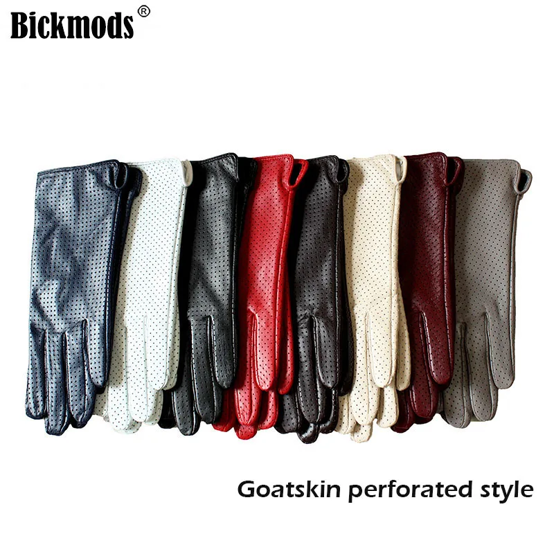 Summer Driving Thin Leather Sheepskin Gloves Women's Fashionable Silk Lining Perforated Motorcycle Riding Finger Gloves