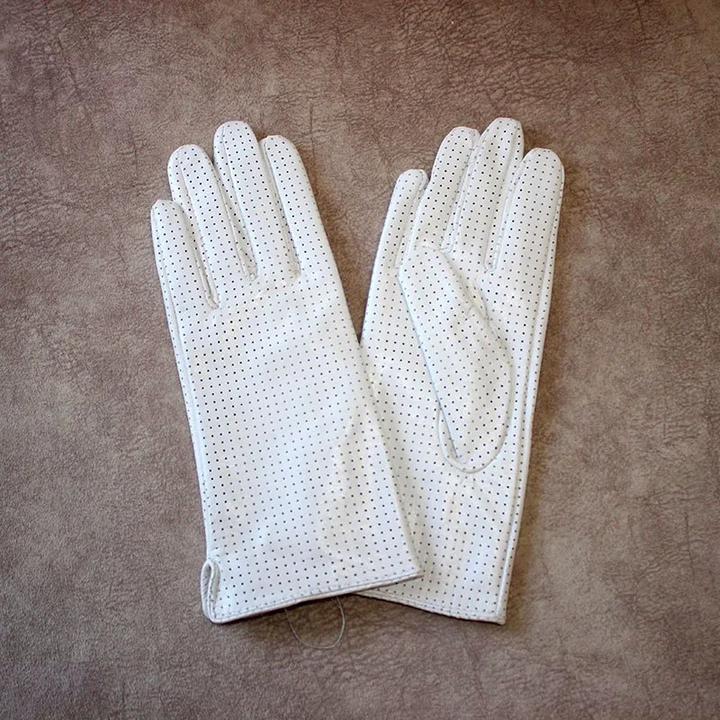 Summer Driving Thin Leather Sheepskin Gloves Women's Fashionable Silk Lining Perforated Motorcycle Riding Finger Gloves