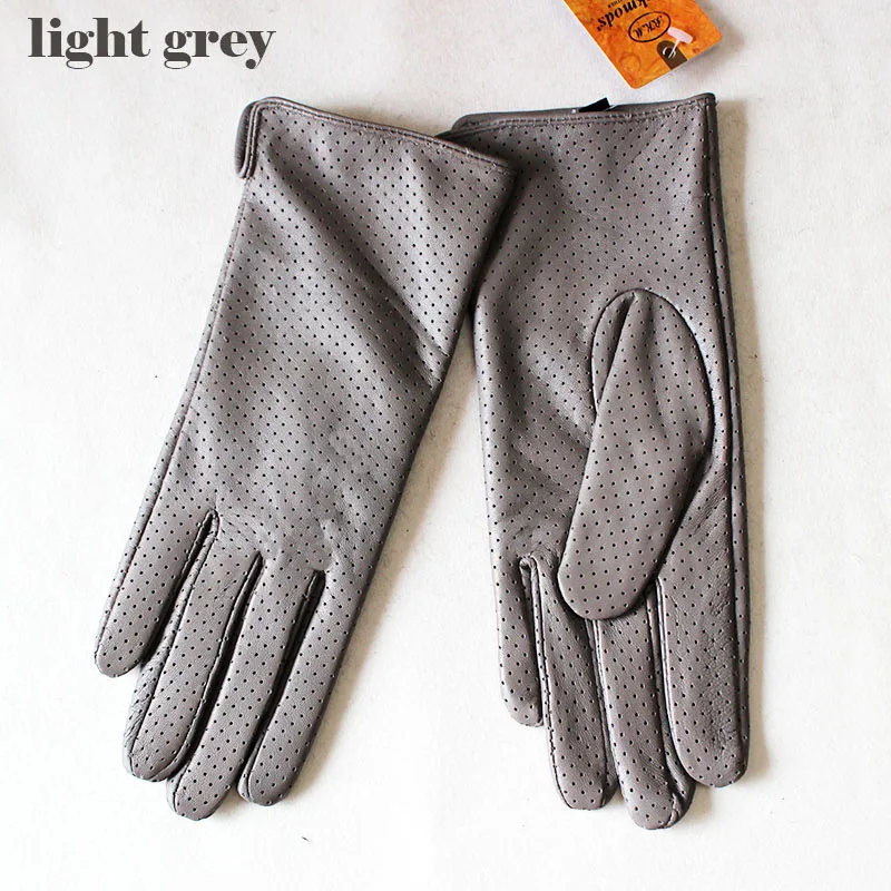 Summer Driving Thin Leather Sheepskin Gloves Women's Fashionable Silk Lining Perforated Motorcycle Riding Finger Gloves