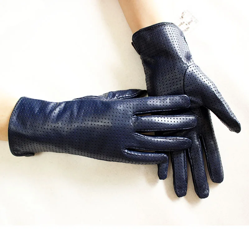 Summer Driving Thin Leather Sheepskin Gloves Women's Fashionable Silk Lining Perforated Motorcycle Riding Finger Gloves