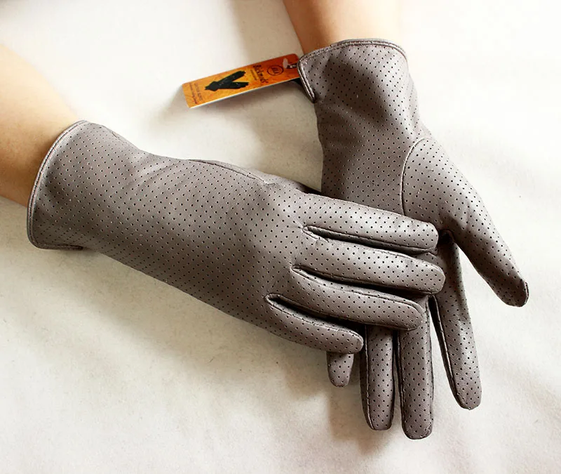 Summer Driving Thin Leather Sheepskin Gloves Women's Fashionable Silk Lining Perforated Motorcycle Riding Finger Gloves