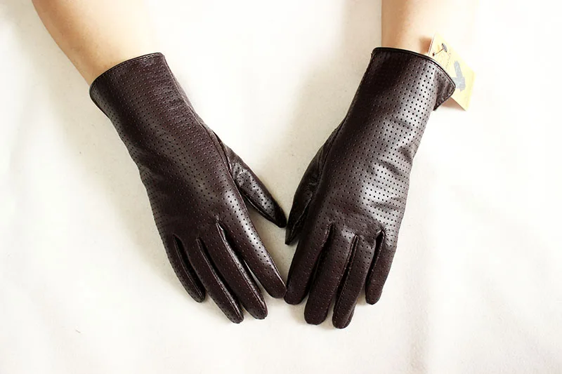 Summer Driving Thin Leather Sheepskin Gloves Women's Fashionable Silk Lining Perforated Motorcycle Riding Finger Gloves