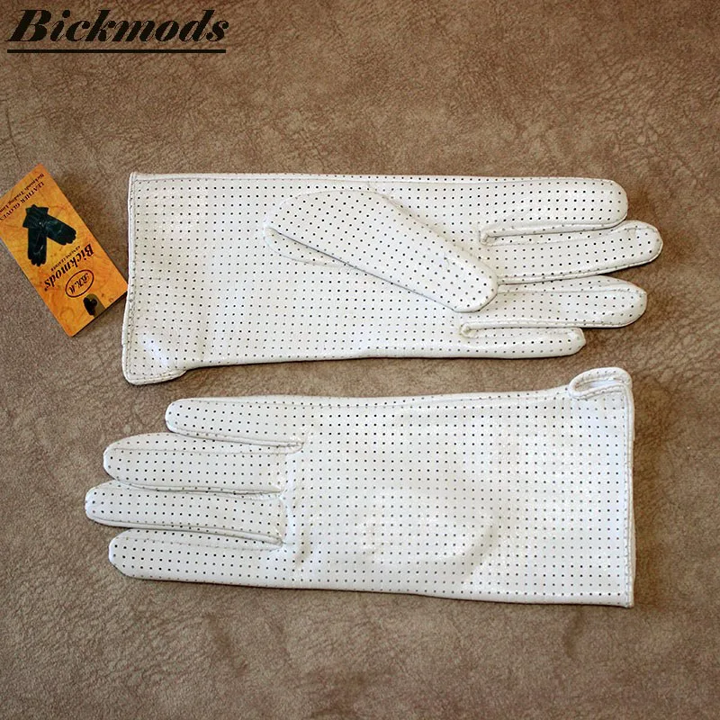 Summer Driving Thin Leather Sheepskin Gloves Women's Fashionable Silk Lining Perforated Motorcycle Riding Finger Gloves