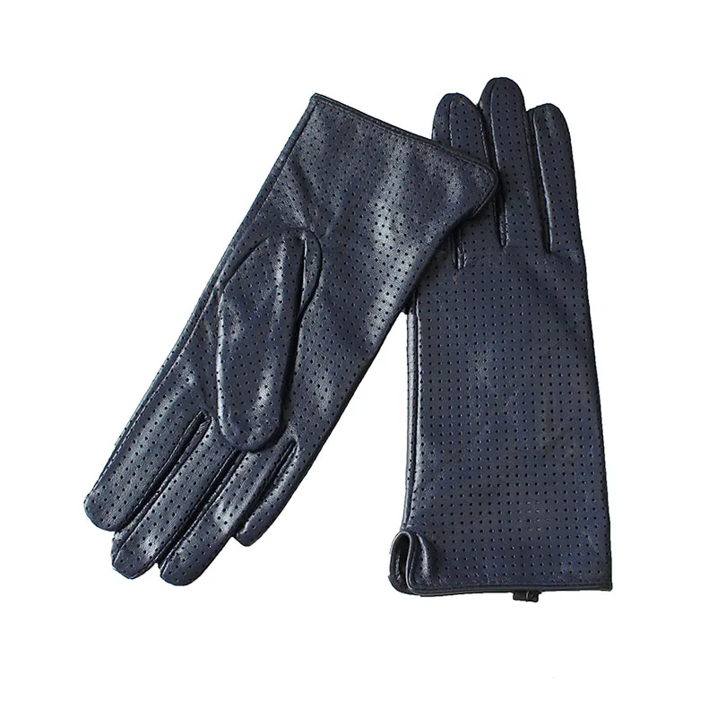 Summer Driving Thin Leather Sheepskin Gloves Women's Fashionable Silk Lining Perforated Motorcycle Riding Finger Gloves