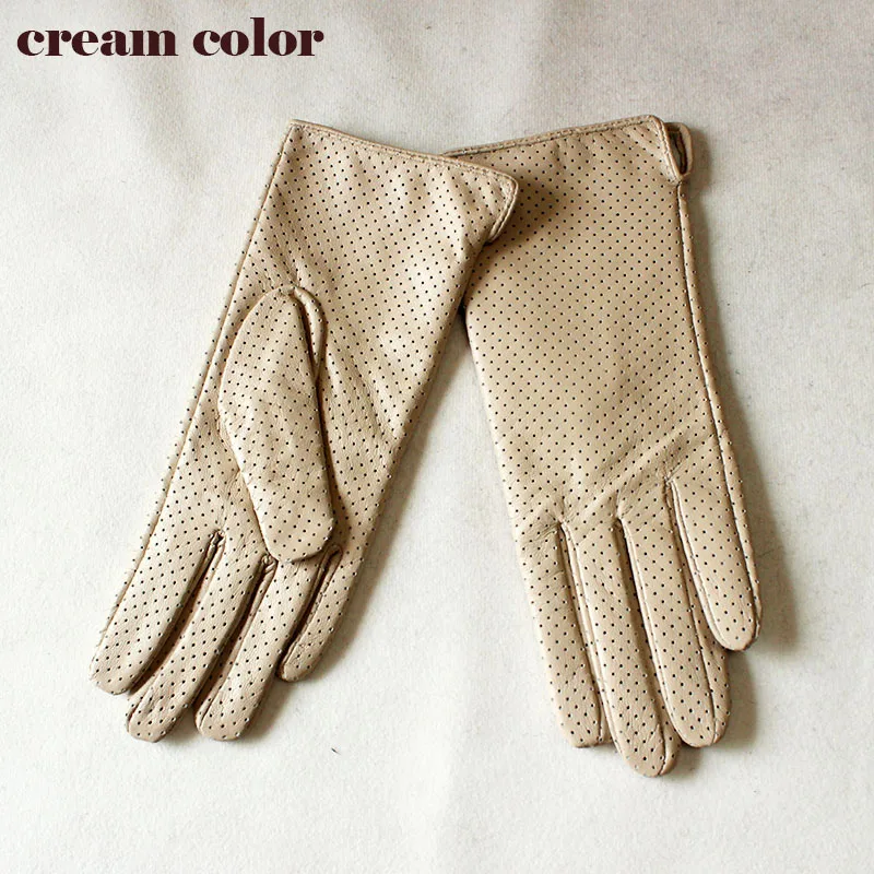 Summer Driving Thin Leather Sheepskin Gloves Women's Fashionable Silk Lining Perforated Motorcycle Riding Finger Gloves