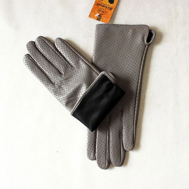 Summer Driving Thin Leather Sheepskin Gloves Women's Fashionable Silk Lining Perforated Motorcycle Riding Finger Gloves