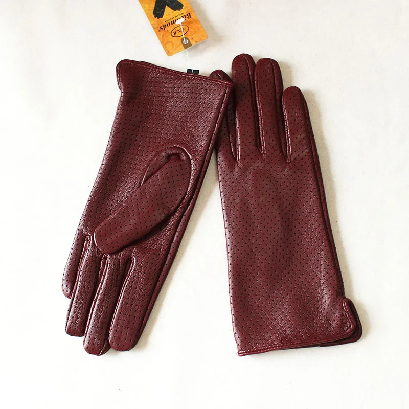 Summer Driving Thin Leather Sheepskin Gloves Women's Fashionable Silk Lining Perforated Motorcycle Riding Finger Gloves