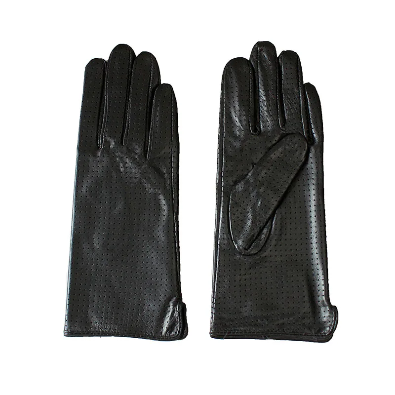 Summer Driving Thin Leather Sheepskin Gloves Women's Fashionable Silk Lining Perforated Motorcycle Riding Finger Gloves