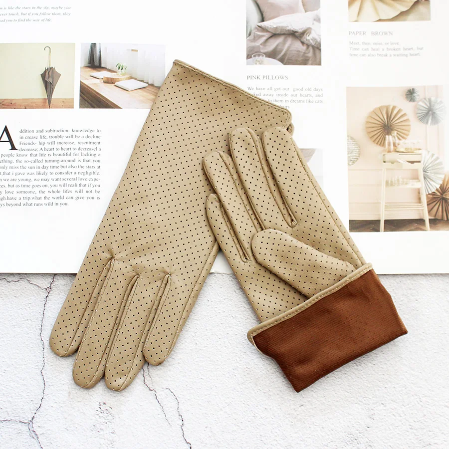 Summer Driving Thin Leather Sheepskin Gloves Women's Fashionable Silk Lining Perforated Motorcycle Riding Finger Gloves