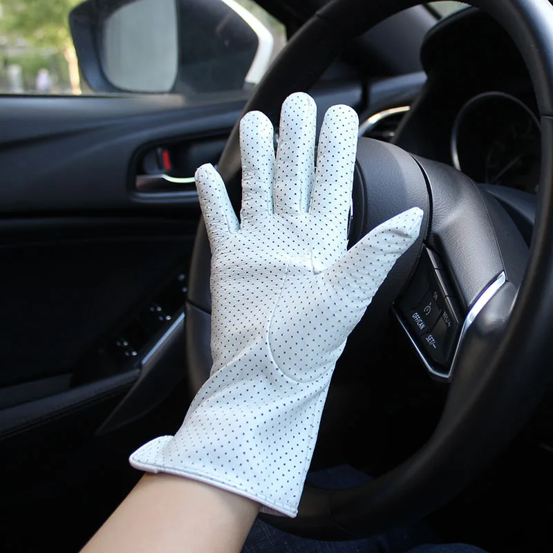 Summer Driving Thin Leather Sheepskin Gloves Women's Fashionable Silk Lining Perforated Motorcycle Riding Finger Gloves