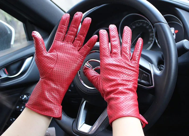 Summer Driving Thin Leather Sheepskin Gloves Women's Fashionable Silk Lining Perforated Motorcycle Riding Finger Gloves