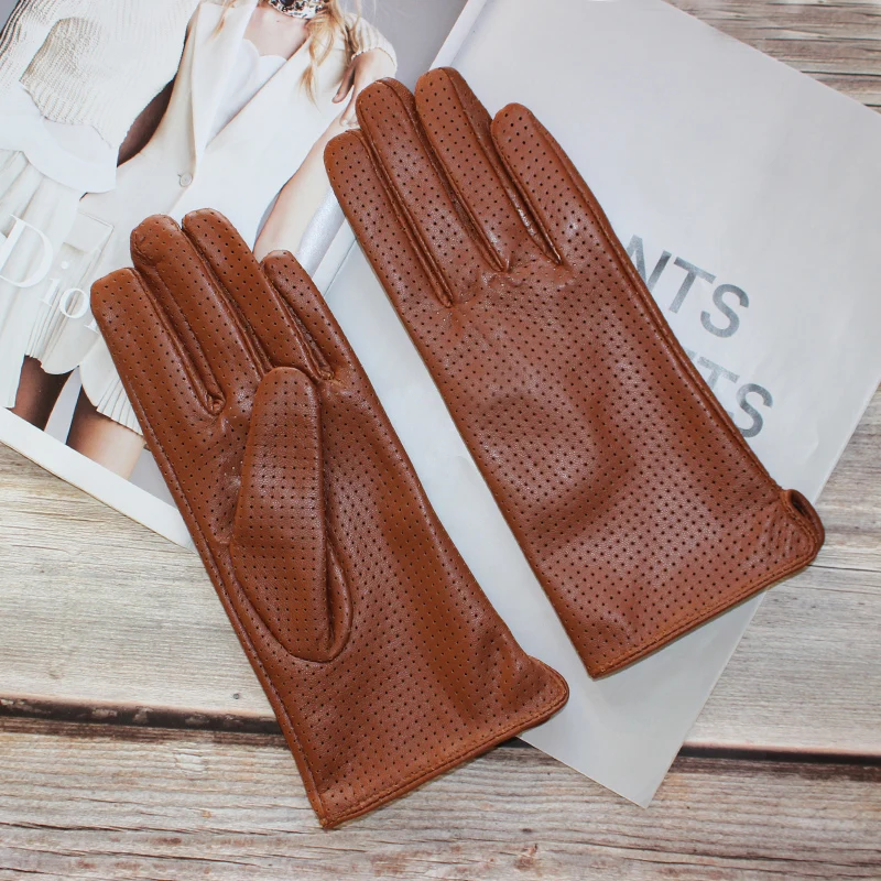 Summer Driving Thin Leather Sheepskin Gloves Women's Fashionable Silk Lining Perforated Motorcycle Riding Finger Gloves