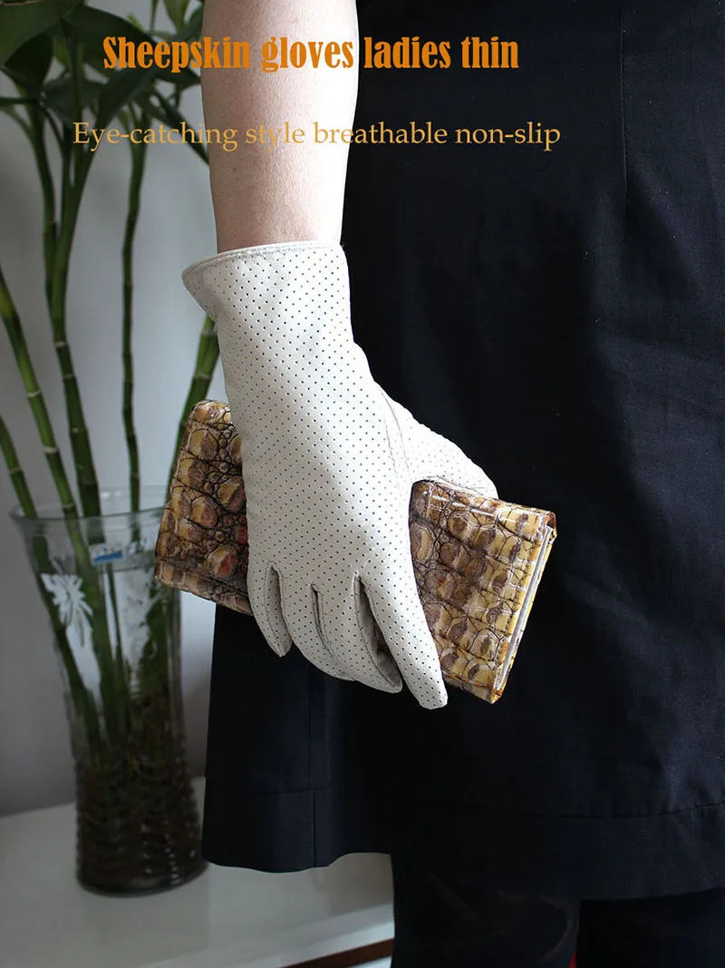 Summer Driving Thin Leather Sheepskin Gloves Women's Fashionable Silk Lining Perforated Motorcycle Riding Finger Gloves