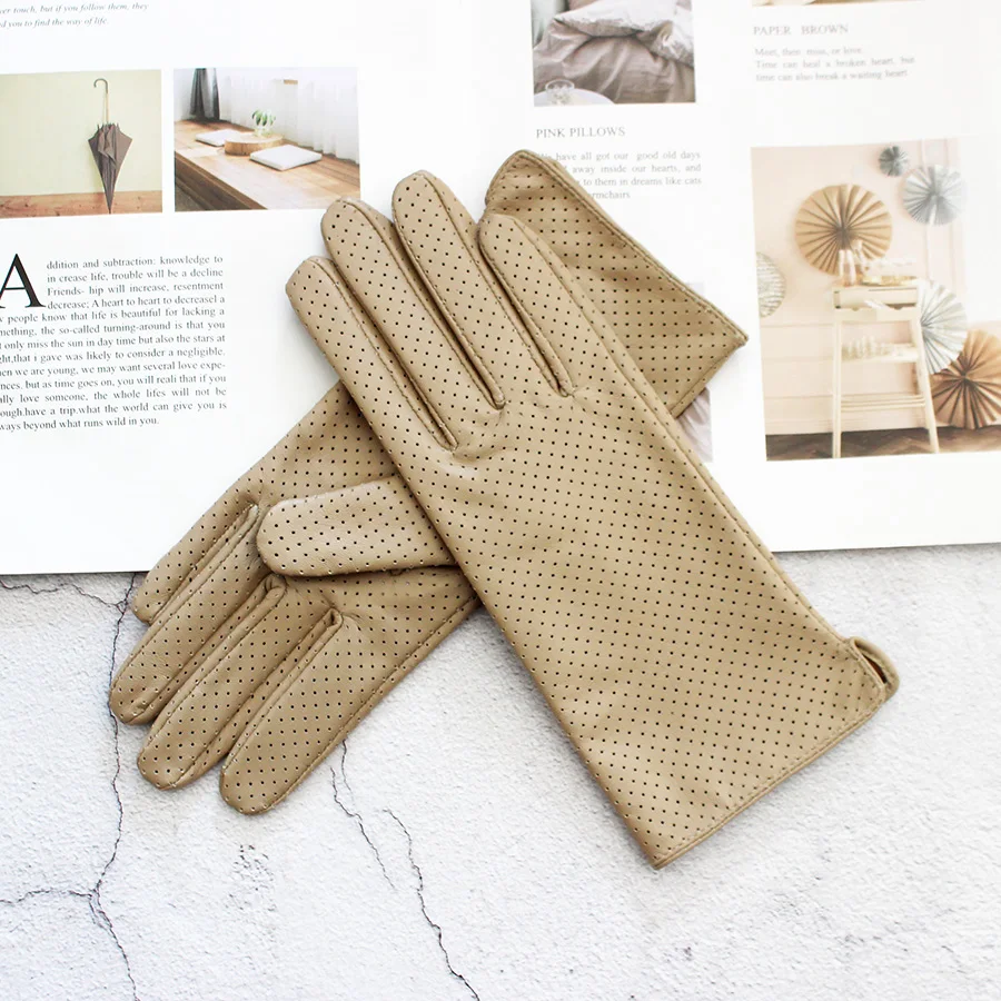 Summer Driving Thin Leather Sheepskin Gloves Women's Fashionable Silk Lining Perforated Motorcycle Riding Finger Gloves
