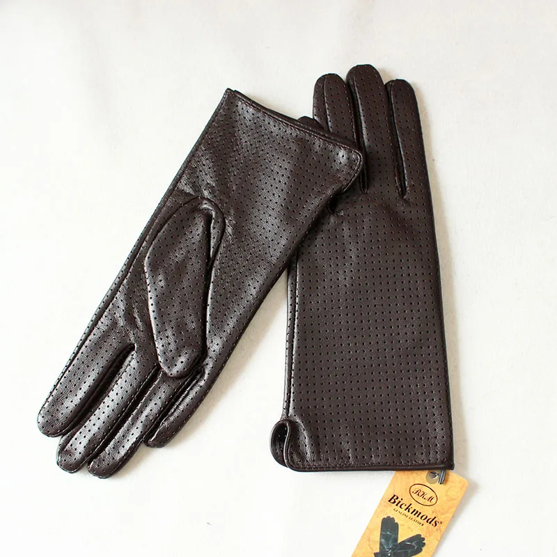Summer Driving Thin Leather Sheepskin Gloves Women's Fashionable Silk Lining Perforated Motorcycle Riding Finger Gloves