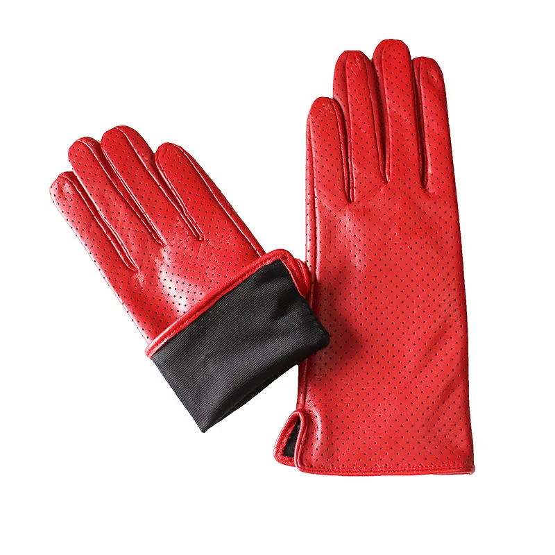 Summer Driving Thin Leather Sheepskin Gloves Women's Fashionable Silk Lining Perforated Motorcycle Riding Finger Gloves