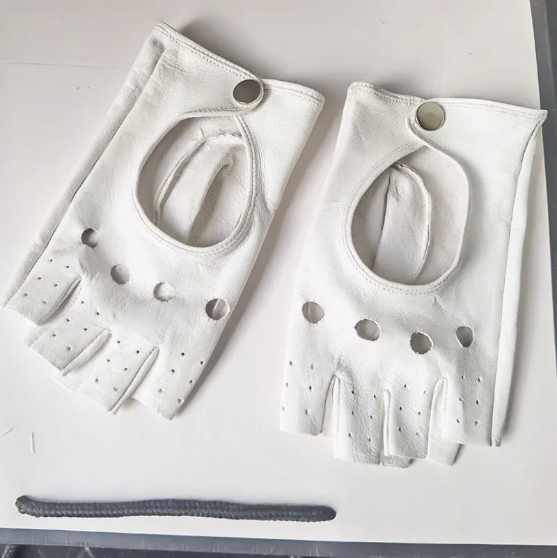 Women's Natural Sheepskin Leather Hollow Out Semi-finger Glove Female Party Dancing Driving Glove 1875