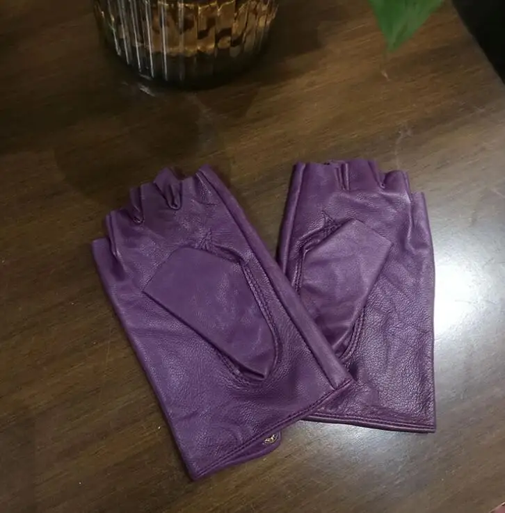 Women's Natural Sheepskin Leather Hollow Out Semi-finger Glove Female Party Dancing Driving Glove 1875
