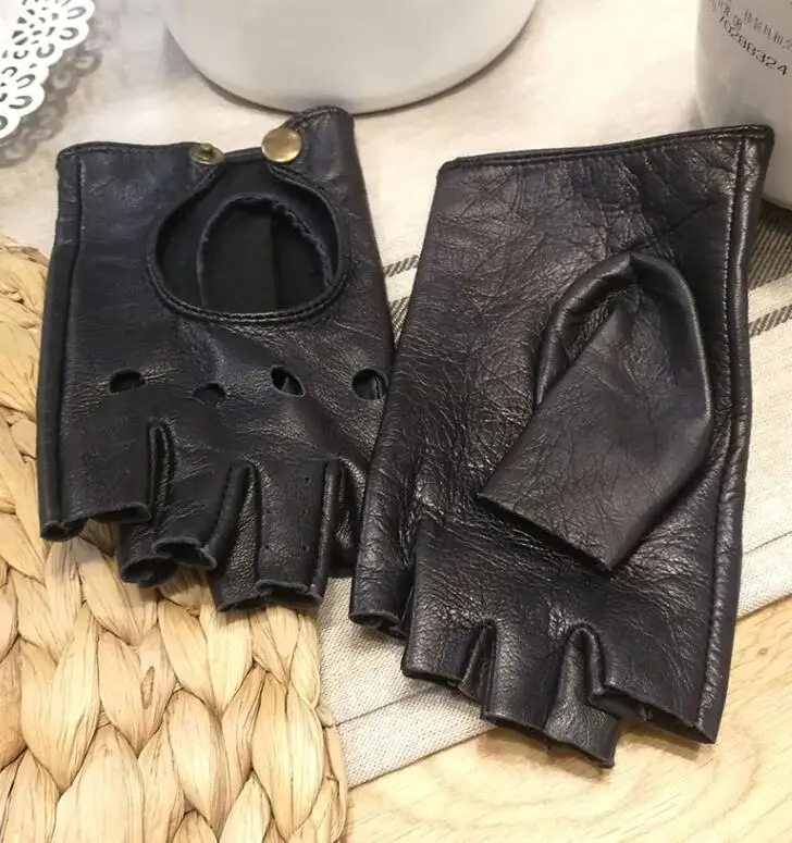 Women's Natural Sheepskin Leather Hollow Out Semi-finger Glove Female Party Dancing Driving Glove 1875