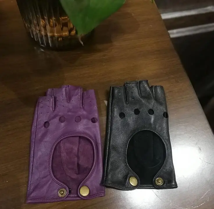 Women's Natural Sheepskin Leather Hollow Out Semi-finger Glove Female Party Dancing Driving Glove 1875