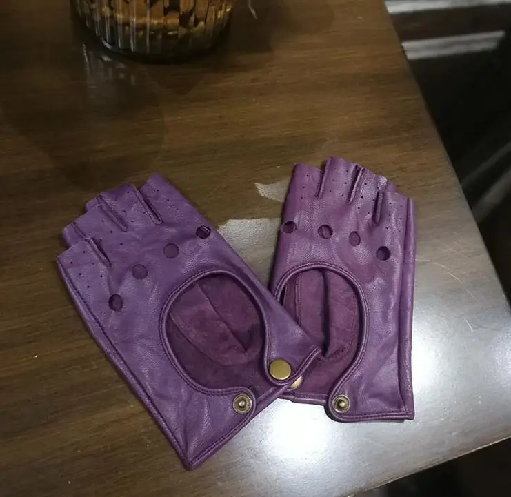 Women's Natural Sheepskin Leather Hollow Out Semi-finger Glove Female Party Dancing Driving Glove 1875