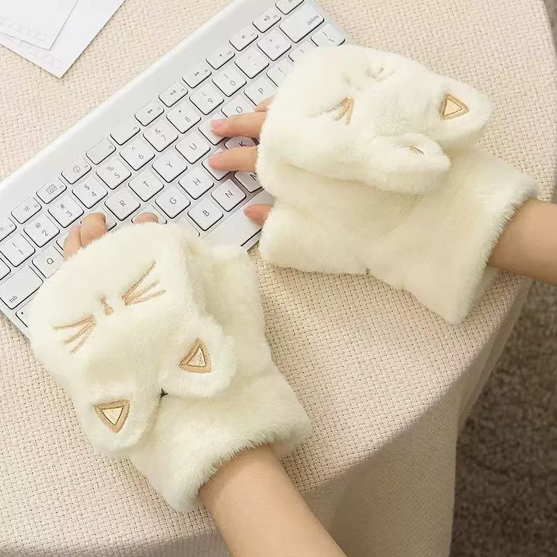 Cute Cat Plush Mittens Korean Style Thickened Fingerless Gloves Touchscreen Compatible Women Warm Flip Cover Plush Handwear