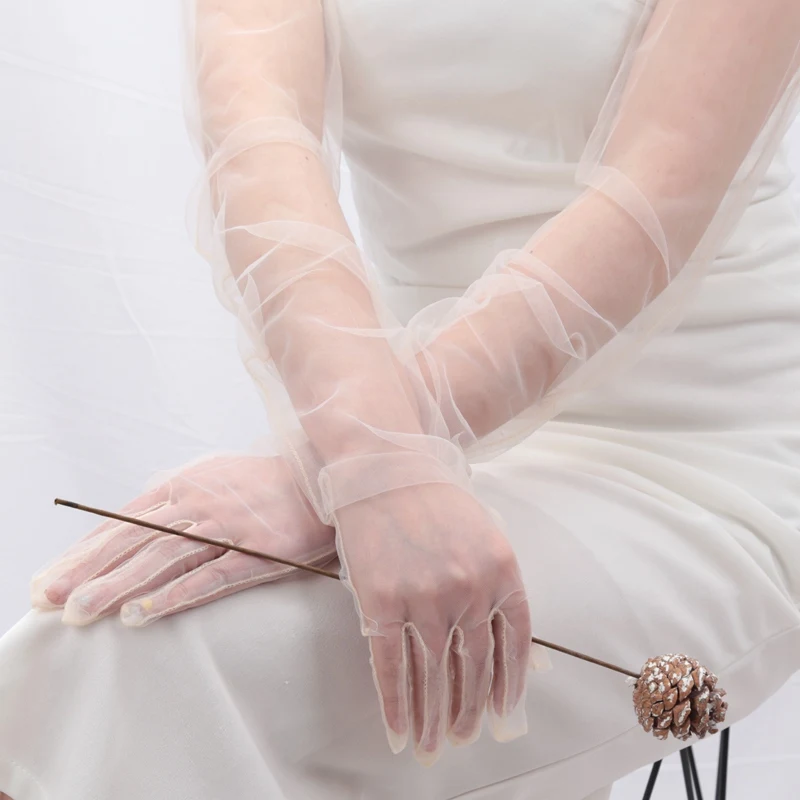 Fashion Long Sheer Tulle Gloves Ultra Thin Stretchy Full Finger Mittens Mesh Elbow Wedding Bride Gloves Drive Sunscreen Mittens