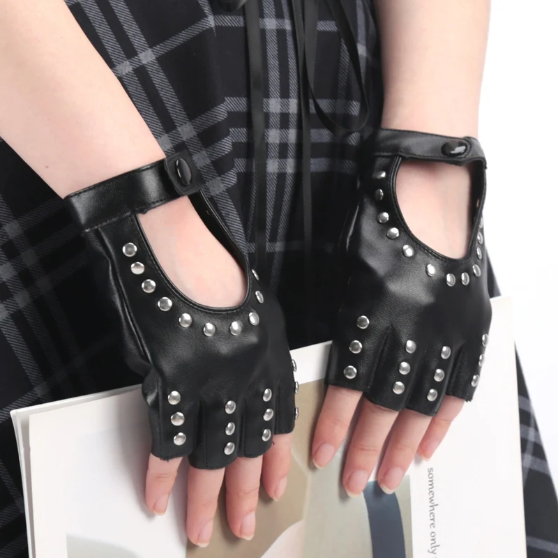 Unisex Punk Style Gloves Synthetic Leather Fingerless Gloves for Riding Driving Motorcycle Half Finger for Men Women Mittens