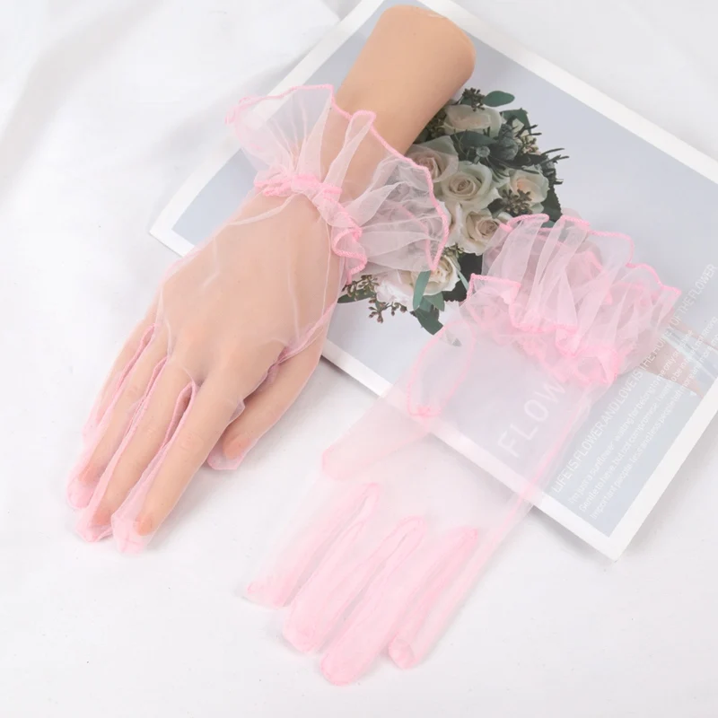 New Sexy Transparent Lace Black White Gloves Solid Color Fashion Women Drive Short Tulle Gloves Mesh Stretchy Wedding Mittens