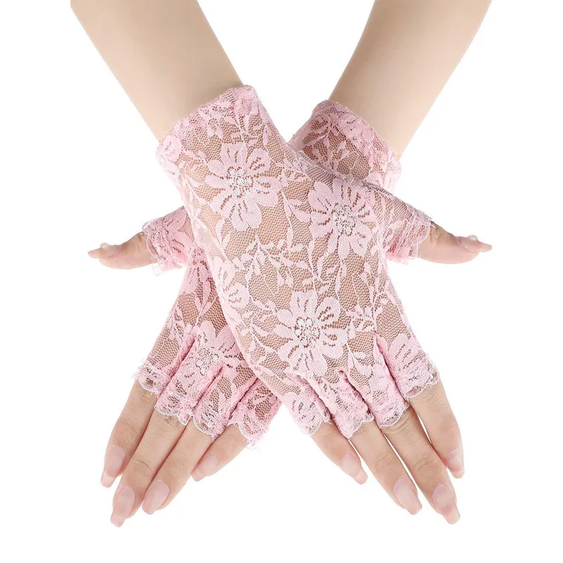 Women Sexy Lace Flowers Breathable Half Finger Gloves Thin Mesh Transparent Stage Performance Retro Style Fashionable Personalit
