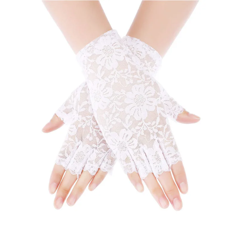Women Sexy Lace Flowers Breathable Half Finger Gloves Thin Mesh Transparent Stage Performance Retro Style Fashionable Personalit